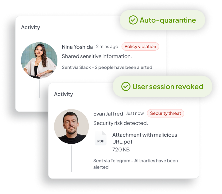 Aten dialog boxes showing auto-quarentine and user session revoke UI elements